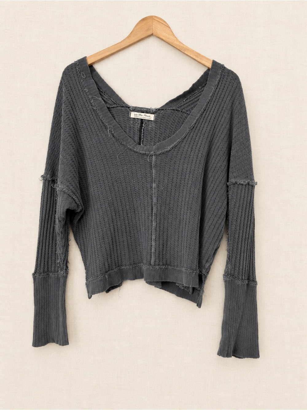 We The Free by Free People Charcoal Waffle Knit Distressed Scoop Sweater